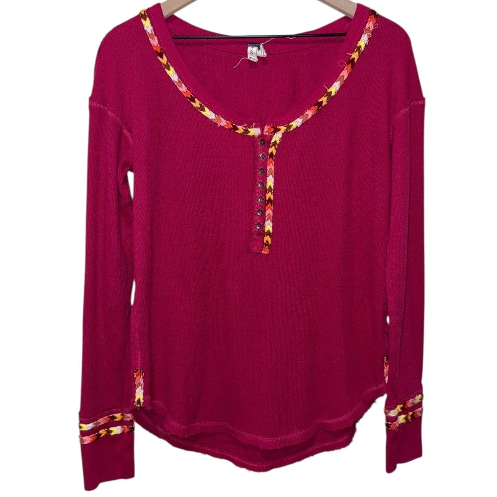 We The Free People Rainbow‎ Thermal Henley Top Oversized Sz S Boho Long Sleeve